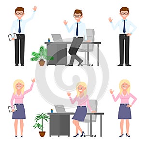 Smiling office worker, woman vector. Front view standing with notes, waving hello, leaning on table boy and girl cartoon character