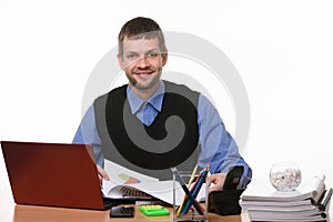 Smiling office worker works with documents on a white background