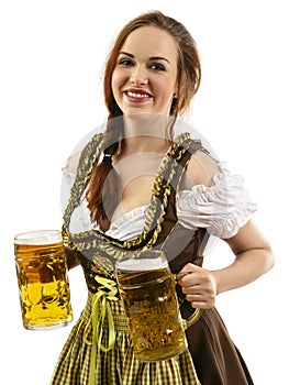 Smiling Oktoberfest waitress holding beers