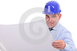 Smiling old engineer reading project