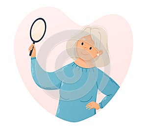 Smiling old gray haired woman looking into a hand held round mirror. Self love concept. Vector cartoon isolated