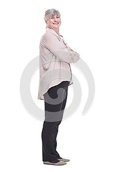 smiling old lady pointing at you. isolated on a white background.