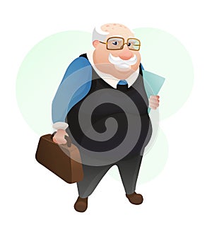 Smiling old man with leather bag and documents