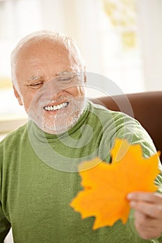 Smiling old man looking at yellow leaf
