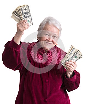 Smiling old woman holding money