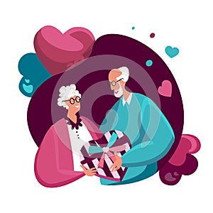 Smiling Old Woman and Man Celebrating Happy Valentine Day, Birthday or Wedding Anniversary. Pensioners Couple hugging and