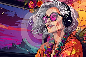 Smiling old woman using listening to music in headphones