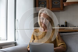 Smiling older woman using laptop at home