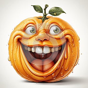 Smiling orange fruit with funny face in style of grotesque caricature, isolated on white background