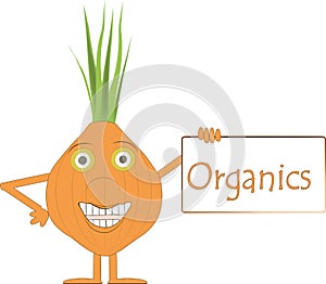 Smiling orange onion vegetable with arms and legs, green leaves, green eyes, a plaque with the inscription Organics