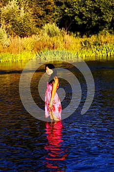 Smiling Oriental Young Woman River Dress Outdoors