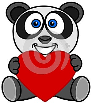 A smiling panda happy to have received a heart as a gift
