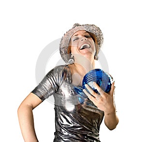 Smiling party girl with hat and disco ball