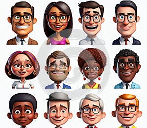 Smiling People Closeup Portrait Set Cute Cartoon Businessman Male and Female Avatars Multi-ethnic Man and Woman Faces Isolated on