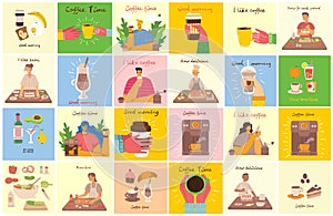 Smiling people friend drinking coffee and talking. Coffee time, break and relaxation vector concept cards. Vector