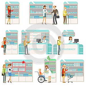 Smiling People In Pharmacy Choosing And Buying Drugs And Cosmetics Set Of Drugstore Scenes With Pharmacists And Clients