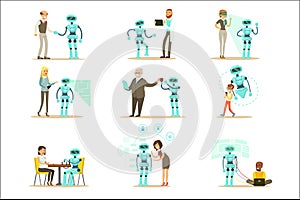 Smiling People And Robot Assistant, Set Of Characters And Service Android Companion