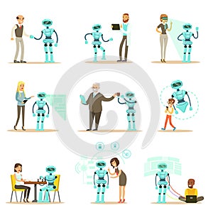 Smiling People And Robot Assistant, Set Of Characters And Service Android Companion