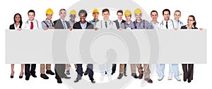 Smiling People With Various Occupations Holding Blank Billboard