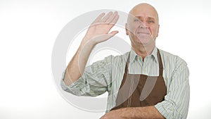 Smiling Person With Apron Make Hello Sign a Salute Hand Gestures