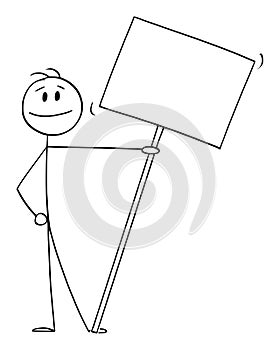 Smiling Person on Demonstration or Manifestation Holding Big Empty Sign, Banner or Placard , Vector Cartoon Stick Figure