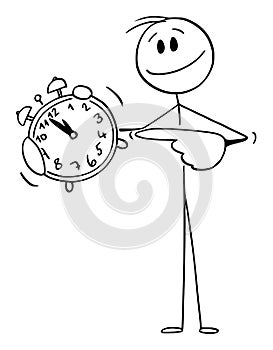 Smiling Person Holding and Pointing at Alarm Clock, Vector Cartoon Stick Figure Illustration