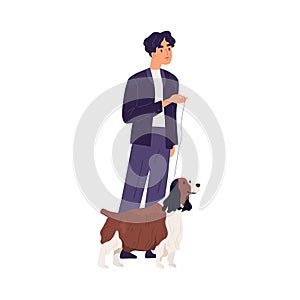 Smiling pet owner standing with his small shaggy dog on leash. Man and doggy of Springer Spaniel breed. Colored flat