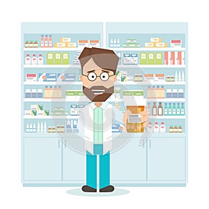 Smiling pharmacist in pharmacy. shelves with medications. Flat isolated illustration