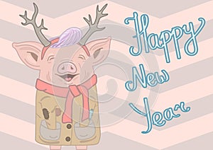 Smiling piggie with elk`s horns, purple hairstyle, wearing beige coat and red scarf with letters Happy New Year beside