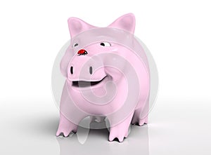 Smiling piggy bank with ladybird on nose