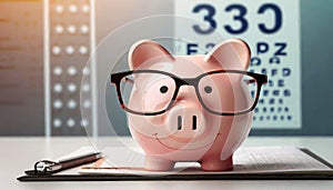 Smiling Piggy Bank Wearing Prescription Glasses with Eye Chart on Background - Generative Ai