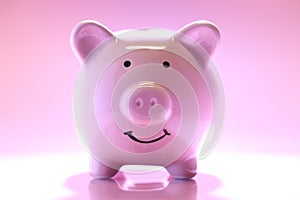 Smiling Piggybank on pink background. Saving money concept