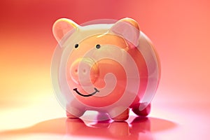 Smiling Piggybank on red and pink background. Saving money concept