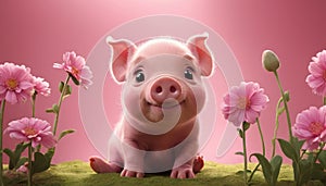 Smiling Piglet Amongst Pink Flowers