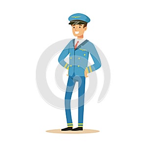 Smiling pilot stands on isolated white background