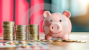 Smiling Pink Piggy Bank with Stacked Coins - Savings and Financial Planning Concept