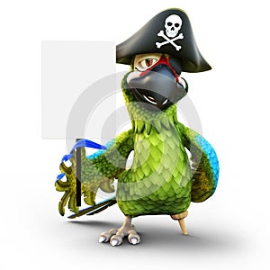 Smiling pirate parrot with peg leg, hat and patch holding a white board empty sign with room for text or copy space advertisement