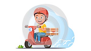 Smiling pizza delivery man riding scooter