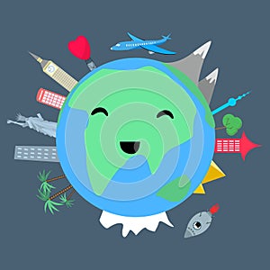 Smiling planet earth on dark background vector illustration