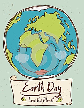 Smiling Planet with Earth Day Sign, Vector Illustration