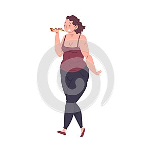 Smiling Plump Woman Eating Pizza, Plus Size Woman Enjoying of Fast Food Dish, Unhealthy Lifestyle Vector Illustration