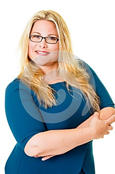 Smiling plus sized blond executive in blue dress photo