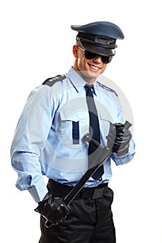 Smiling policeman in sunglasses