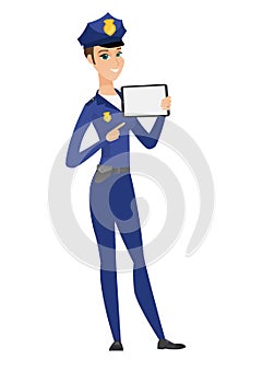 Smiling policewoman holding tablet computer.