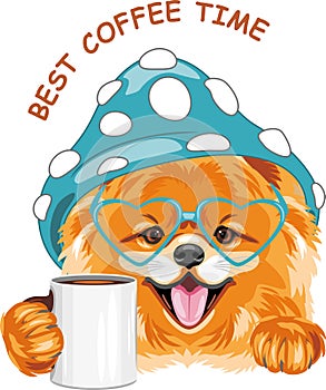 Smiling Pomeranian dog with a mug of coffee. Best coffee time