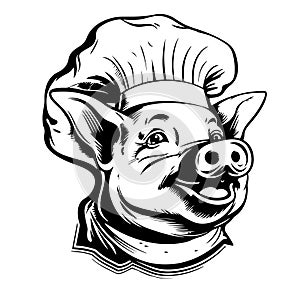 Smiling Porky Pig Logo Cartoon Character. Happy Pig Chef Head Cartoon.