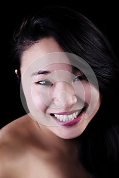 Smiling Portrait Young Japanese American Woman On Dark Background