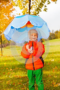 Smiling positive boy holding blue umbrella in park