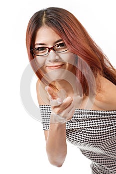 Smiling, positive, friendly woman with eyeglass point at you photo