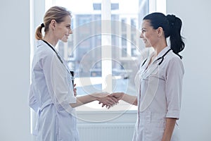 Smiling practitioners making acquaintance in the clinic